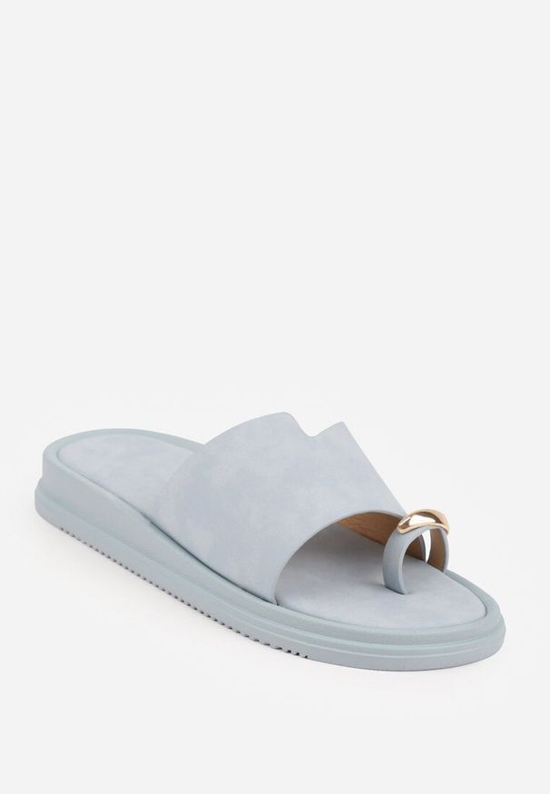 Renee - Niebieskie Klapki Japonki Ozdobione Aplikacją na Palcu Noevianna. Okazja: na spacer, na co dzień. Kolor: niebieski. Materiał: jeans. Wzór: aplikacja. Sezon: wiosna, lato. Styl: casual