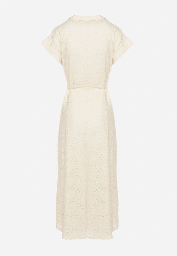 Born2be - Beżowa Bawełniana Ażurowa Sukienka na Guziki o Koszulowym Kroju Wiązana Paskiem Grosofia. Okazja: na co dzień. Kolor: beżowy. Materiał: bawełna. Wzór: ażurowy. Sezon: lato. Typ sukienki: koszulowe. Styl: elegancki, casual, klasyczny