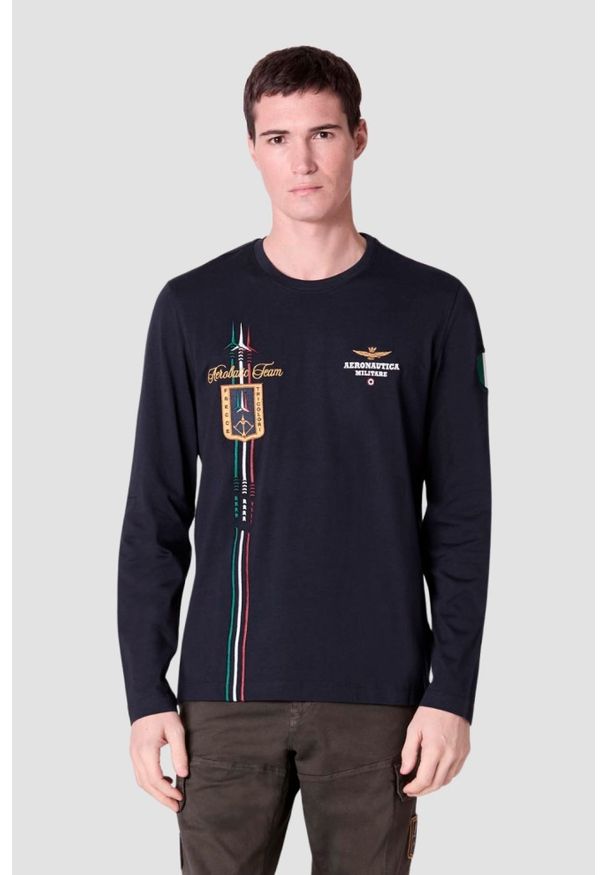 Aeronautica Militare - AERONAUTICA MILITARE Granatowy męski longsleeve Crew neck. Kolor: niebieski. Długość rękawa: długi rękaw