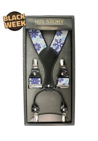 His Story - Szelki Szerokie Białe w Śnieżynki, Płatki Śniegu, Świąteczne, Mikołajowe, Skóra Naturalna -HIS STORY. Kolor: niebieski. Materiał: skóra, guma #1