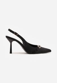 Renee - Czarne Sandały Slingback na Klepsydrowym Obcasie Zdobione Klamerką Skodrifa. Kolor: czarny. Wzór: aplikacja. Obcas: na obcasie. Styl: elegancki. Wysokość obcasa: średni #4