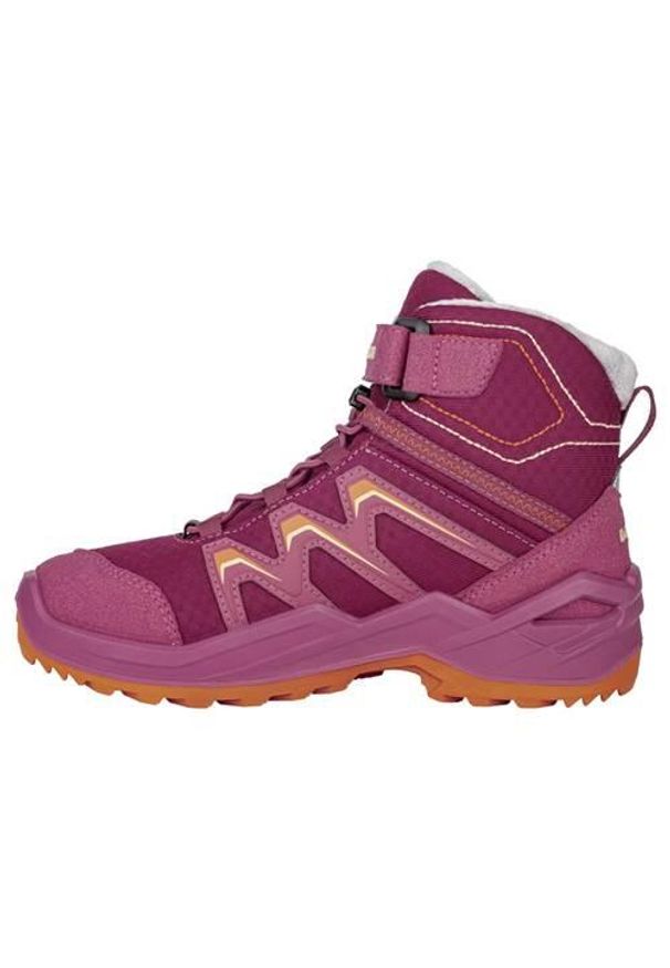 Buty trekkingowe dla dzieci Lowa Maddox Warm Mid Gtx. Wysokość cholewki: za kostkę. Zapięcie: rzepy. Kolor: różowy. Materiał: materiał, syntetyk, tkanina. Szerokość cholewki: normalna. Sport: turystyka piesza