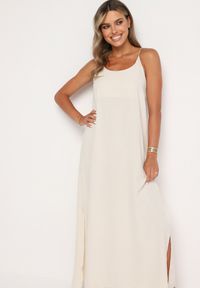 Born2be - Beżowa Taliowana Sukienka na Ramiączkach Rivaniell. Okazja: na imprezę, na co dzień. Kolor: beżowy. Materiał: jeans. Długość rękawa: na ramiączkach. Typ sukienki: oversize. Styl: casual, elegancki #1