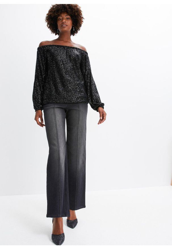 bonprix - Shirt oversized z dekoltem carmen i cekinami. Typ kołnierza: typu carmen. Kolor: czarny. Styl: elegancki