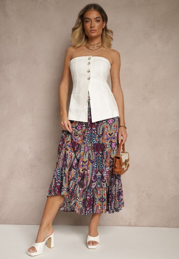 Renee - Fioletowa Spódnica z Wiskozy Ozdobiona Motywem Paisley Ellivae. Okazja: na co dzień. Kolor: fioletowy. Materiał: wiskoza. Wzór: aplikacja, paisley. Styl: elegancki, casual