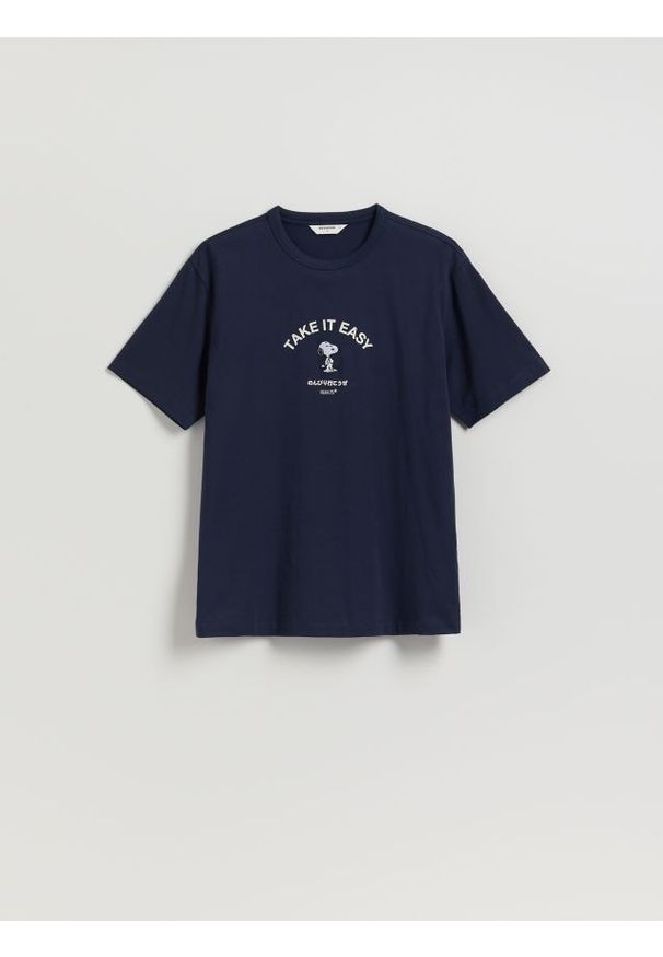 Reserved - Bawełniany t-shirt Snoopy - granatowy. Kolor: niebieski. Materiał: bawełna
