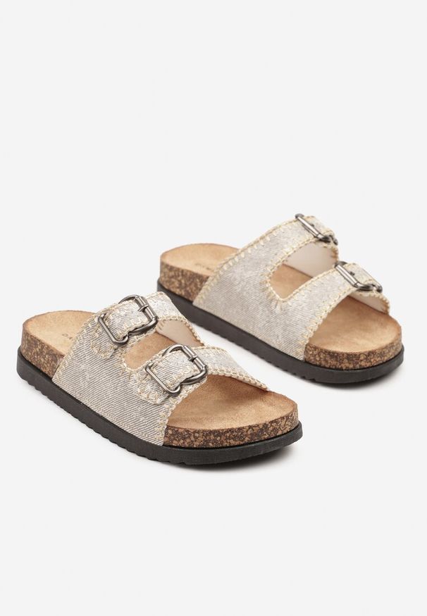 Born2be - Szare Klapki na Grubej Korkowej Podeszwie Ozdobione Przeszyciami Nuridara. Okazja: na co dzień. Kolor: szary. Materiał: jeans. Wzór: aplikacja. Styl: klasyczny, casual
