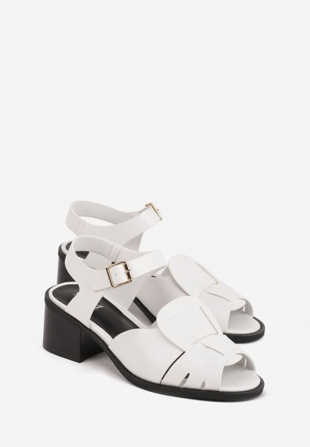 Renee - Białe Sandały na Słupku z Geometryczną Cholewką Aiganele. Zapięcie: sprzączka. Kolor: biały. Materiał: jeans. Wzór: geometria. Obcas: na słupku. Styl: klasyczny. Wysokość obcasa: średni