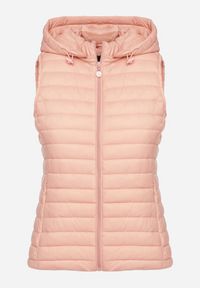 Born2be - Różowa Pikowana Kamizelka na Suwak z Kieszeniami i Odpinanym Kapturem Arsalna. Okazja: na co dzień. Typ kołnierza: golf. Kolor: różowy. Materiał: jeans. Styl: klasyczny, elegancki, casual
