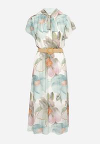 Born2be - Jasnozielona Sukienka o Rozkloszowanym Kroju z Wiązaniem przy Dekolcie i Paskiem Sorilina. Okazja: na co dzień. Kolor: zielony. Długość rękawa: krótki rękaw. Wzór: kwiaty. Styl: casual, elegancki #5