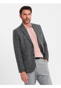 Ombre Clothing - Elegancka męska marynarka w kratkę z domieszką wełny – szara V1. Kolor: szary. Materiał: wełna. Wzór: kratka. Styl: elegancki #9