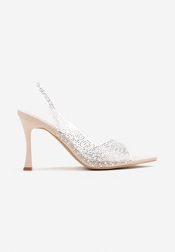 Renee - Beżowe Sandały na Szpilce z Transparentną Cholewką Ozdobione Perełkami i Cyrkoniami Risaras. Kolor: beżowy. Wzór: aplikacja. Obcas: na szpilce. Styl: elegancki. Wysokość obcasa: średni