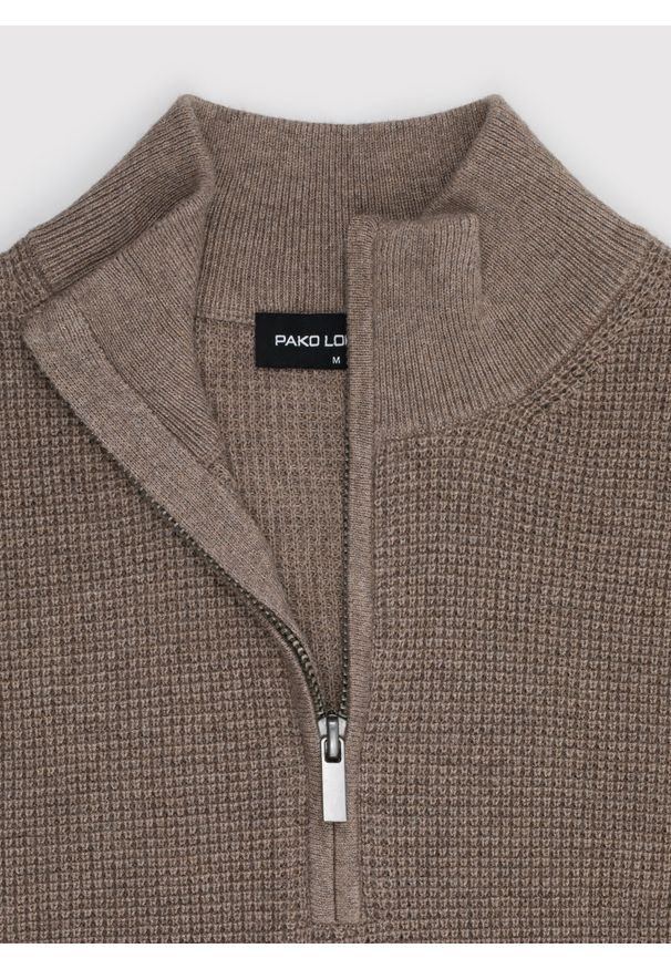 Pako Lorente - PAKO LORENTE - Brązowy sweter z rozpinaną stójką. Okazja: na co dzień. Typ kołnierza: kołnierzyk stójkowy. Kolor: brązowy, szary. Materiał: wełna, bawełna. Sezon: jesień. Styl: casual