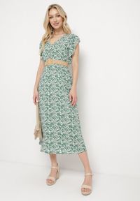 Born2be - Zielona Sukienka Bawełniana z Gumką w Talii i Mozaikowym Wzorem Indaria. Kolor: zielony. Materiał: bawełna #5