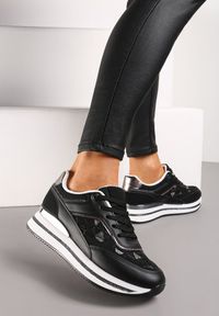 Born2be - Czarne Sneakersy Ozdobione Brokatem i Metalicznymi Wstawkami Cindema. Kolor: czarny. Wzór: aplikacja #5