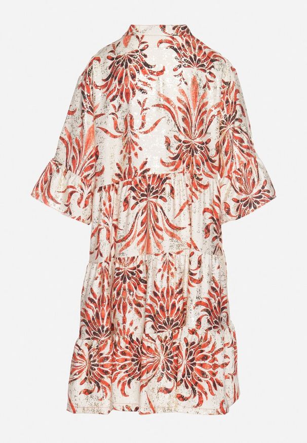 Born2be - Czerwona Rozkloszowana Sukienka z Lnem z Metalicznym Nadrukiem Filasenia. Okazja: na spacer. Typ kołnierza: kołnierz z falbankami, dekolt w kształcie V. Kolor: czerwony. Materiał: len. Wzór: nadruk. Sezon: lato. Styl: elegancki