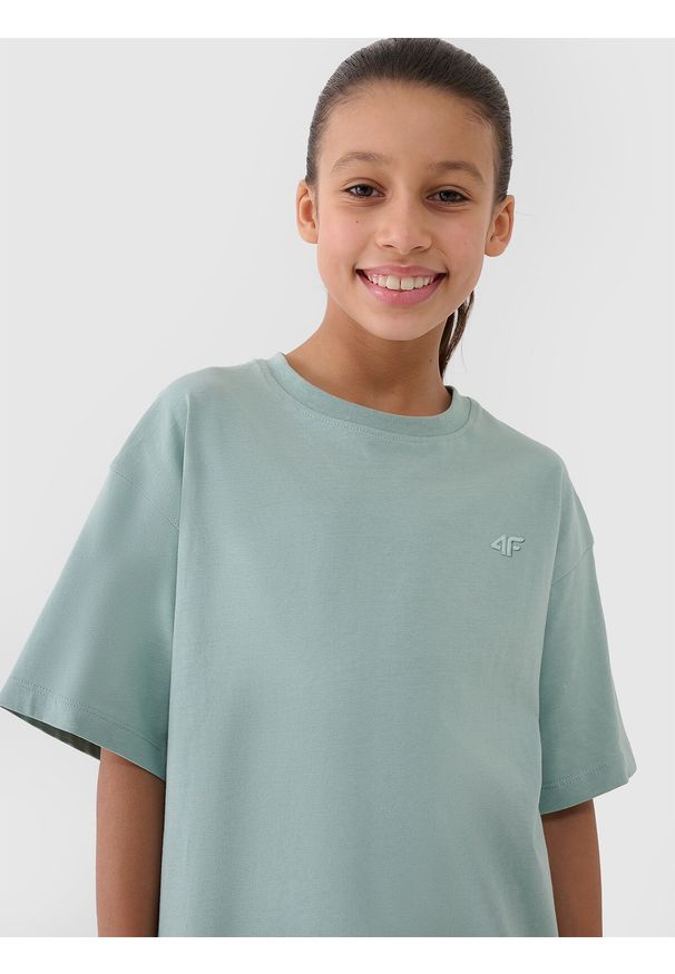 4f - 4F T-shirt oversize gładki dziewczęcy - turkusowy 134 (8-9 lat). Okazja: na co dzień. Kolor: turkusowy. Materiał: dzianina, bawełna, jersey. Wzór: gładki. Sezon: lato. Styl: klasyczny, sportowy, casual