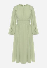 Born2be - Zielona Elegancka Sukienka Midi z Gumkami w Pasie i Ażurowymi Wstawkami Rouxia. Kolor: zielony. Wzór: ażurowy. Styl: elegancki. Długość: midi #4