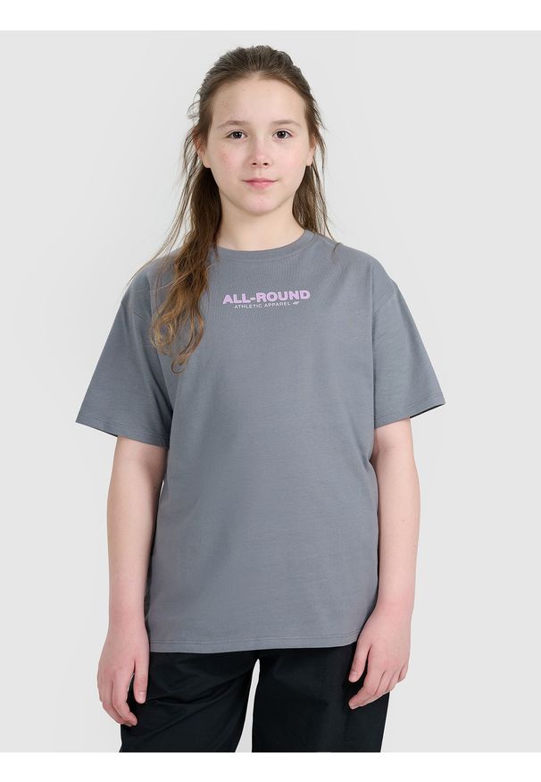 4f - 4F T-shirt oversize z nadrukiem dziewczęcy - szary 140 (9-10 lat). Okazja: na co dzień. Kolor: szary. Materiał: jersey, bawełna. Długość rękawa: krótki rękaw. Długość: krótkie. Wzór: nadruk. Sezon: lato. Styl: casual, klasyczny, sportowy