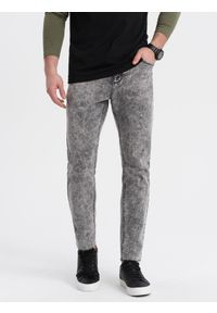 Ombre Clothing - Spodnie męskie jeansowe marmurkowe z surowo wykończoną nogawką SLIM FIT - szare V1 - Rozmiar: XXL. Kolor: szary. Materiał: jeans