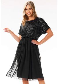 Awama - Koktajlowa sukienka rozkloszowana z cekinami i tiulem czarna. Okazja: na ślub cywilny, na wesele, na imprezę. Kolor: czarny, różowy. Materiał: tiul. Styl: wizytowy #4