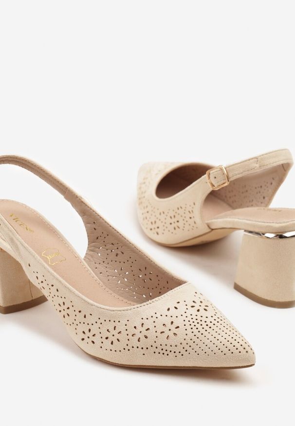Renee - Beżowe Sandały Vices na Słupku Slingback ze Skórzaną Wkładką i Ażurowym Wzorem Iffinira. Zapięcie: sprzączka. Kolor: beżowy. Materiał: skóra. Wzór: ażurowy. Sezon: lato. Obcas: na słupku. Wysokość obcasa: średni