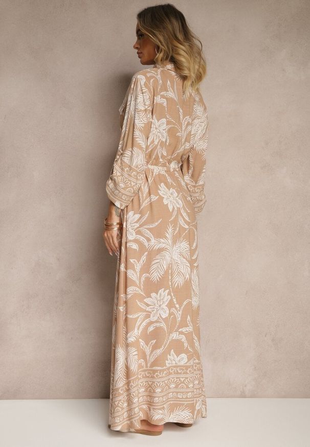 Renee - Ciemnobeżowa Sukienka z Koszulową Górą i Egzotycznym Printem z Wiskozy Meriviona. Okazja: na co dzień. Kolor: beżowy. Materiał: wiskoza. Długość rękawa: długi rękaw. Wzór: nadruk. Sezon: wiosna, lato. Typ sukienki: koszulowe. Styl: elegancki, casual