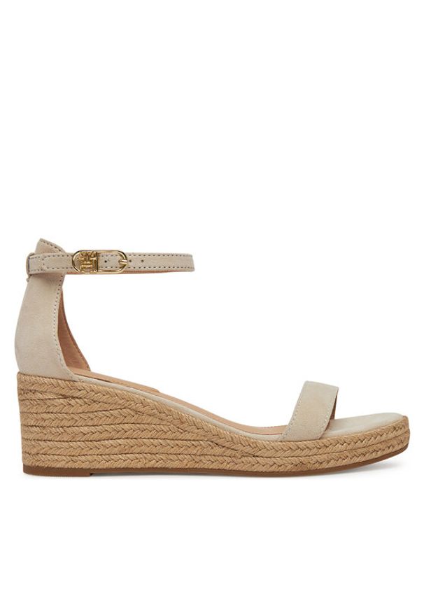 TOMMY HILFIGER - Tommy Hilfiger Espadryle Suede Ankle Mid Wedge Espadrille FW0FW08479 Beżowy. Kolor: beżowy. Materiał: zamsz, skóra