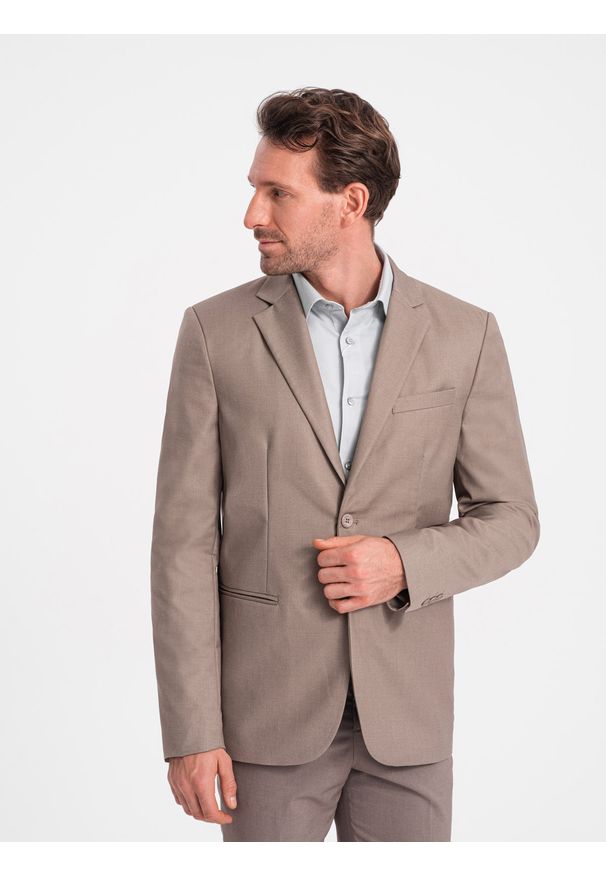 Ombre Clothing - Męska klasyczna marynarka z kieszenią na poszetkę - beżowa V3 - Rozmiar: M. Kolor: beżowy. Materiał: poliester. Styl: klasyczny
