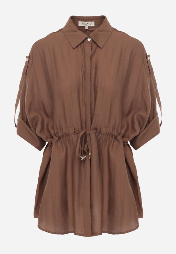 Born2be - Brązowa Nietoperzowa Koszula Safari z Lnem i Wiskozą ze Ściągaczem w Pasie Mezriss. Okazja: na co dzień, do pracy, na spotkanie biznesowe. Kolor: brązowy. Materiał: wiskoza, len. Styl: casual, biznesowy