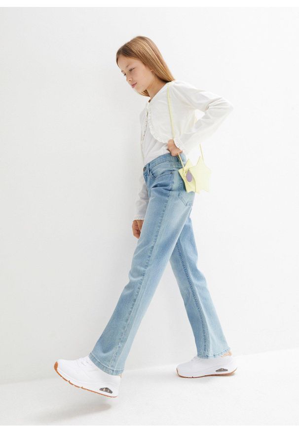 bonprix - Dżinsy z poszerzanymi nogawkami, mid waist. Kolor: niebieski