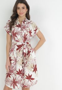 Born2be - Bordowa Koszulowa Sukienka Mini z Materiałowym Paskiem z Wzorzystej Bawełny Besana. Kolor: czerwony. Materiał: materiał, bawełna. Sezon: wiosna, lato. Typ sukienki: koszulowe. Długość: mini #1