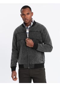 Ombre Clothing - Męska jeansowa kurtka bomberka z efektem stone wash – czarna V2 - Rozmiar: S. Kolor: czarny. Materiał: jeans. Styl: retro, sportowy, klasyczny