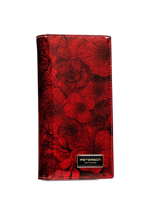 Czerwony, pionowy portfel damski w kwiaty skóra naturalna i ekologiczna RFID STOP Peterson. Kolor: czerwony. Materiał: lakier. Wzór: kwiaty