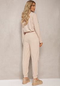 Renee - Jasnobeżowy Komplet Dresowy w Prążki Bluza Kurtka Rozpinana z Kołnierzykiem i Spodnie Lisulla. Kolor: beżowy. Materiał: dresówka. Wzór: prążki. Sport: turystyka piesza