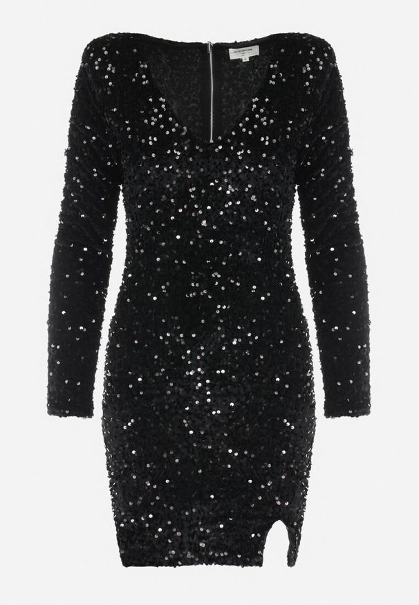 Born2be - Czarna Sukienka z Cekinami i Wycięciem Glykera. Okazja: na ślub cywilny, na wesele. Kolor: czarny. Długość rękawa: długi rękaw. Typ sukienki: asymetryczne. Długość: mini