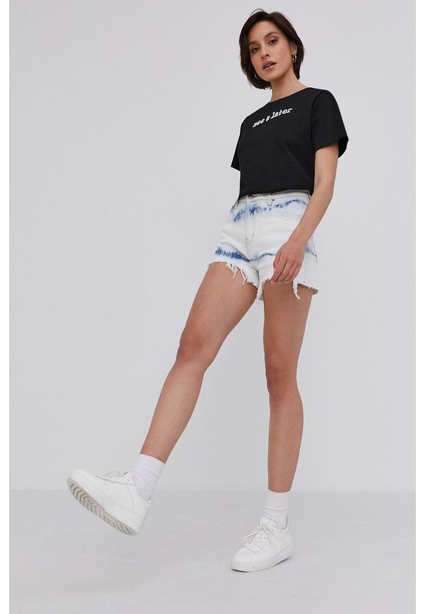 Answear Lab Szorty jeansowe damskie wzorzyste high waist. Okazja: na co dzień. Stan: podwyższony. Kolor: niebieski. Materiał: jeans. Styl: wakacyjny