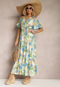 Renee - Biało-Zielona Sukienka na Lato Maxi w Kwiaty z Gumką i Wiązanym Paskiem w Talii Uveilla. Kolor: biały. Wzór: kwiaty. Sezon: lato. Długość: maxi #3