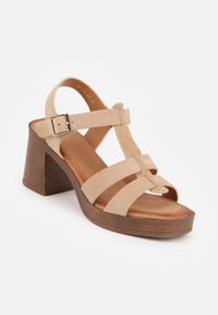 Born2be - Ciemnobeżowe Sandały VICES na Platformie i Obcasie z Dwoma Paskami Noemala. Okazja: na co dzień. Zapięcie: pasek. Kolor: beżowy. Materiał: jeans. Wzór: ażurowy. Obcas: na obcasie. Styl: casual, elegancki, klasyczny. Wysokość obcasa: średni #7