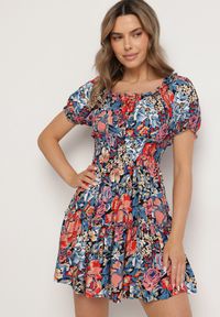 Born2be - Niebiesko-Czarna Wiskozowa Sukienka Mini z Gumkami w Pasie i Falbanką Muena. Typ kołnierza: kołnierz z falbankami. Kolor: niebieski. Materiał: wiskoza. Wzór: kwiaty. Długość: mini #3