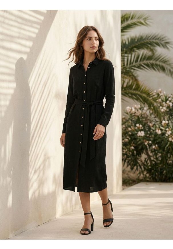 Sinsay - Wiskozowa sukienka koszulowa z domieszką lnu - czarny. Kolor: czarny. Materiał: wiskoza, len. Typ sukienki: koszulowe