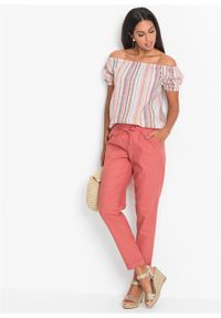 Spodnie lniane bonprix rabarbarowy. Kolor: różowy. Materiał: len #4