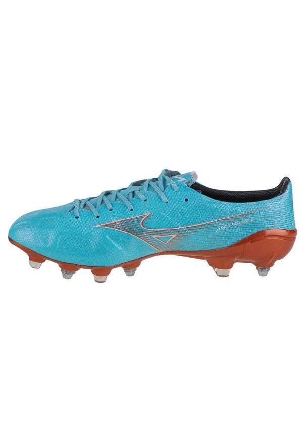 Buty piłkarskie - korki męskie, Mizuno Alpha Japan Mix. Zapięcie: sznurówki. Kolor: niebieski. Materiał: materiał, syntetyk. Szerokość cholewki: normalna. Sport: piłka nożna