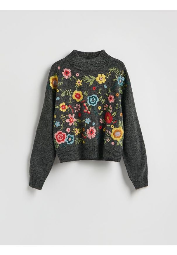 Reserved - Wzorzysty sweter - ciemnoszary. Kolor: szary. Materiał: wełna, dzianina