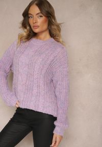 Renee - Fioletowy Sweter z Wełną Ozdobiony Tłoczeniem Ecrisevia. Okazja: na co dzień. Kolor: fioletowy. Materiał: wełna. Wzór: aplikacja. Styl: elegancki, casual