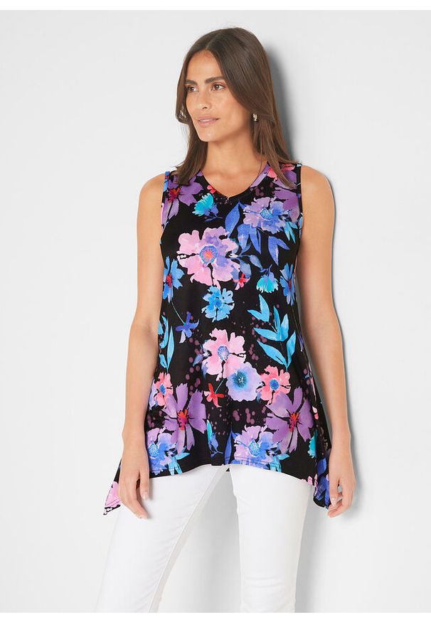 bonprix - Długi shirt z dłuższymi bokami. Kolor: czarny. Długość: długie. Wzór: nadruk. Sezon: lato