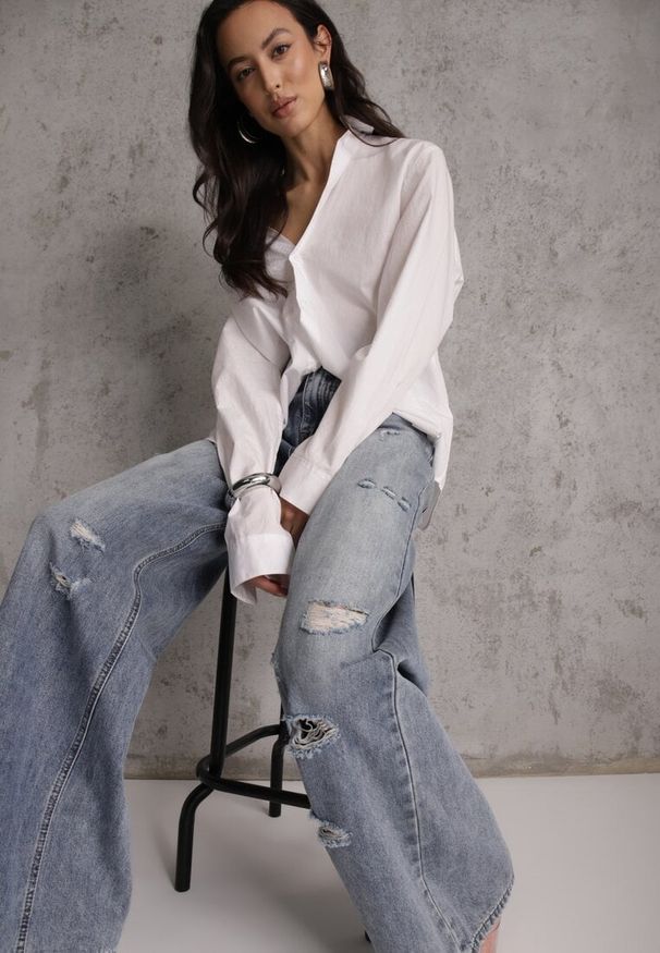 Renee - Niebieskie Szerokie Jeansy Palazzo z Bawełny z Dziurami i Przetarciami Erilenna. Okazja: na co dzień. Stan: podwyższony. Kolor: niebieski. Styl: casual, elegancki