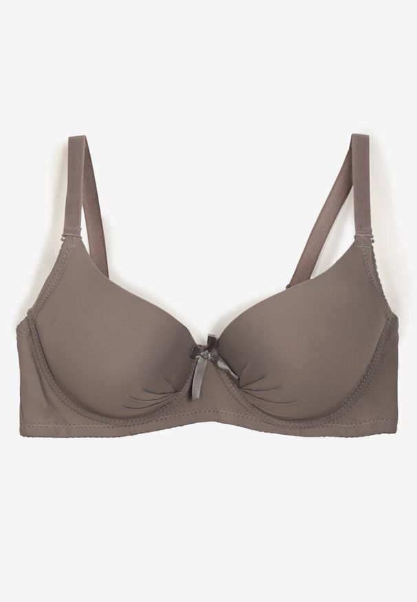Renee - Szary Casualowy Gładki Biustonosz z Ozdobną Kokardką i Regulowanymi Ramiączkami Kenssin. Kolor: szary. Materiał: dzianina. Wzór: gładki