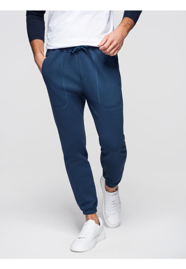 Ombre Clothing - Spodnie męskie dresowe CARROT ze strukturalnej dzianiny - ciemnoniebieskie V5 - Rozmiar: XXL. Kolor: niebieski. Materiał: dresówka, dzianina