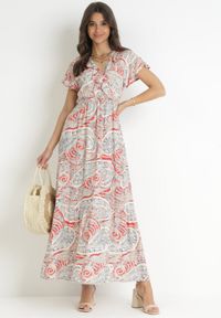 Born2be - Czerwona Sukienka z Wiskozy w Etno Wzór z Gumką w Talii Munira. Kolor: czerwony. Materiał: wiskoza. Styl: etno #1